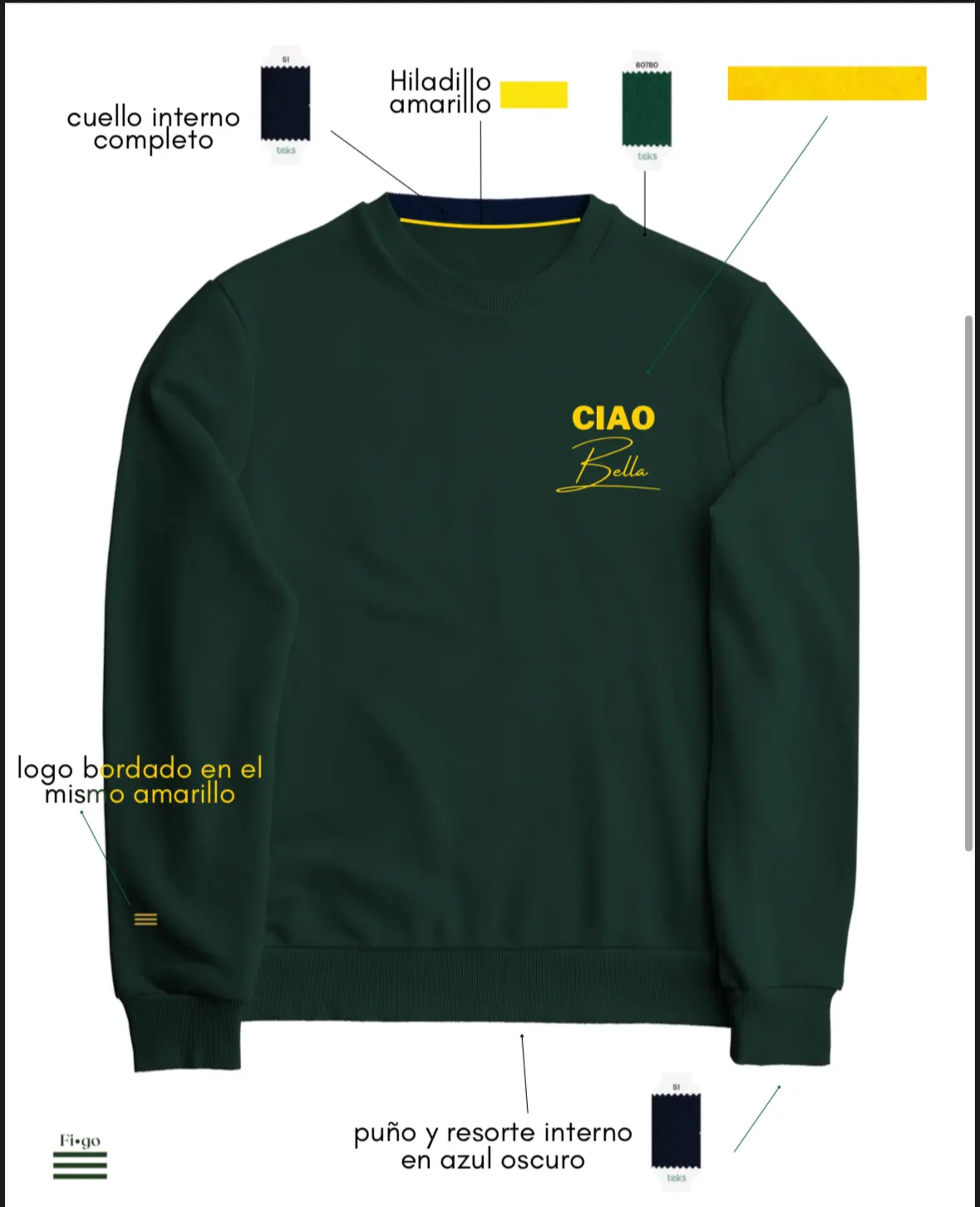 Sweatshirt CIAO BELLA – Verde FIGO - NUOVO - Figo