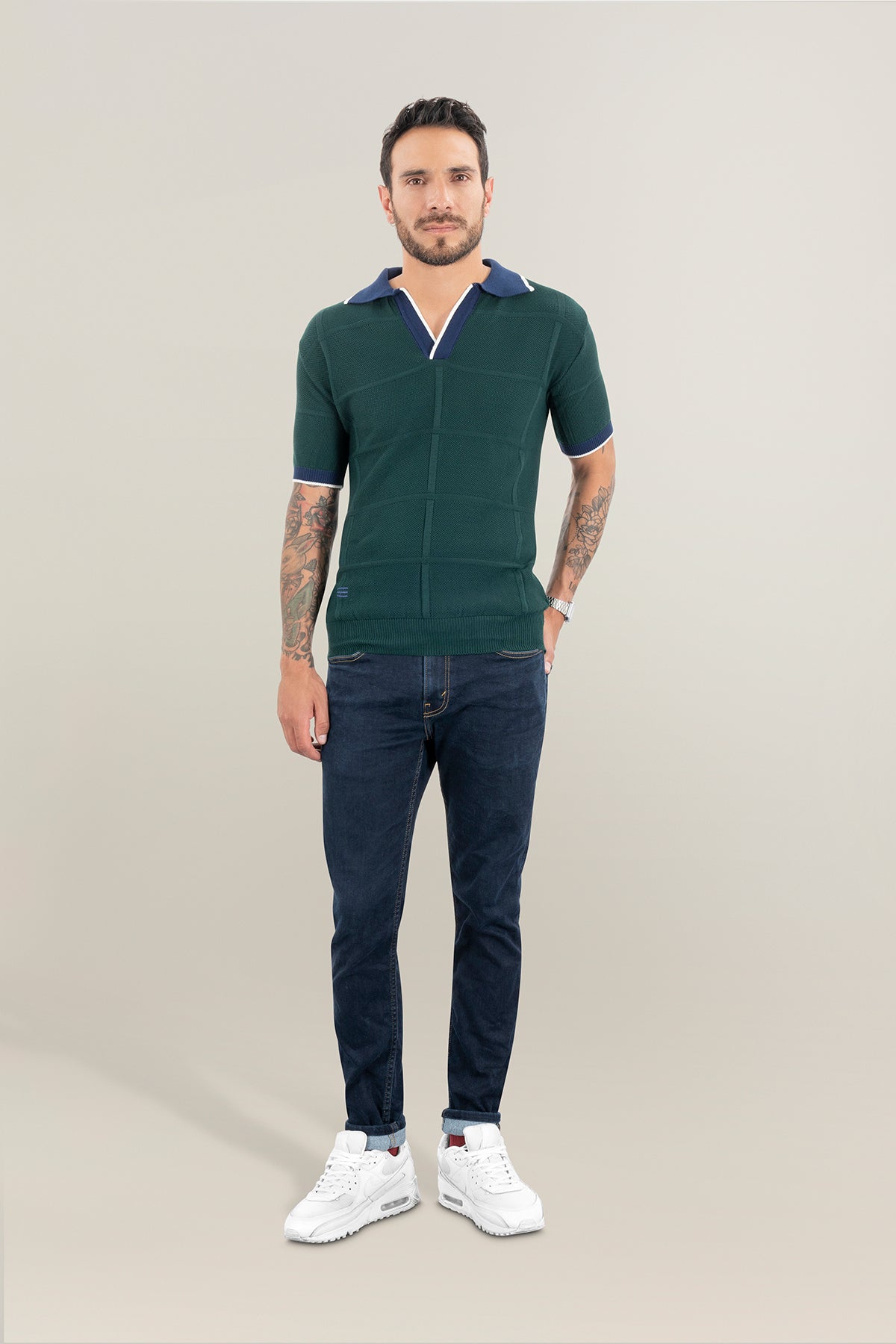 Polo Pescatore Verde Collo Blu